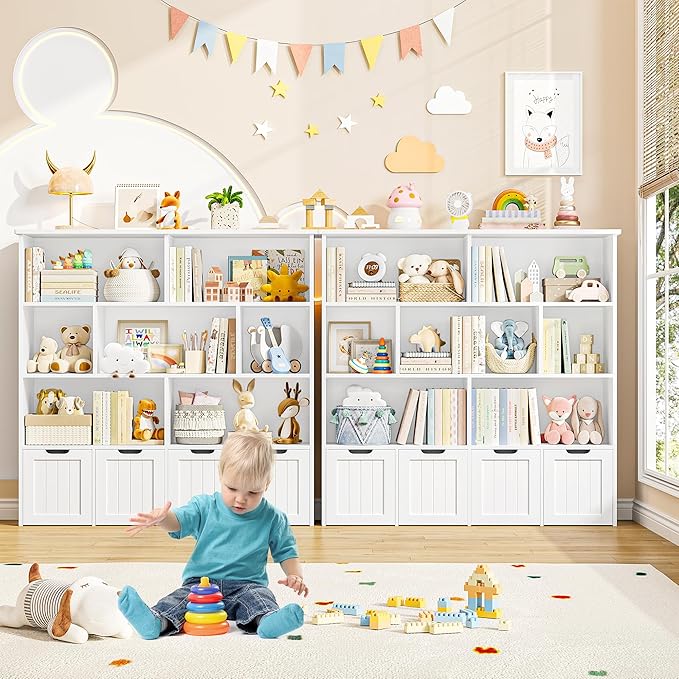 FINETONES Toy Storage Organizer, Kids Bookshelf with 4 Movable Chests and 7 Storage Cubes, Toy Chest Storage with Hidden Wheels, Toy Organizers and Toy Storage, White