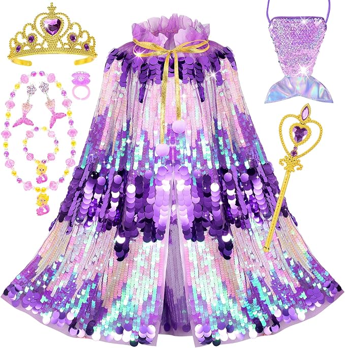 Princess Dress Up Toys Mermaid Dress Up Cape Kit 9 Pcs Gift Set for Little Girls 3-8 Years Old