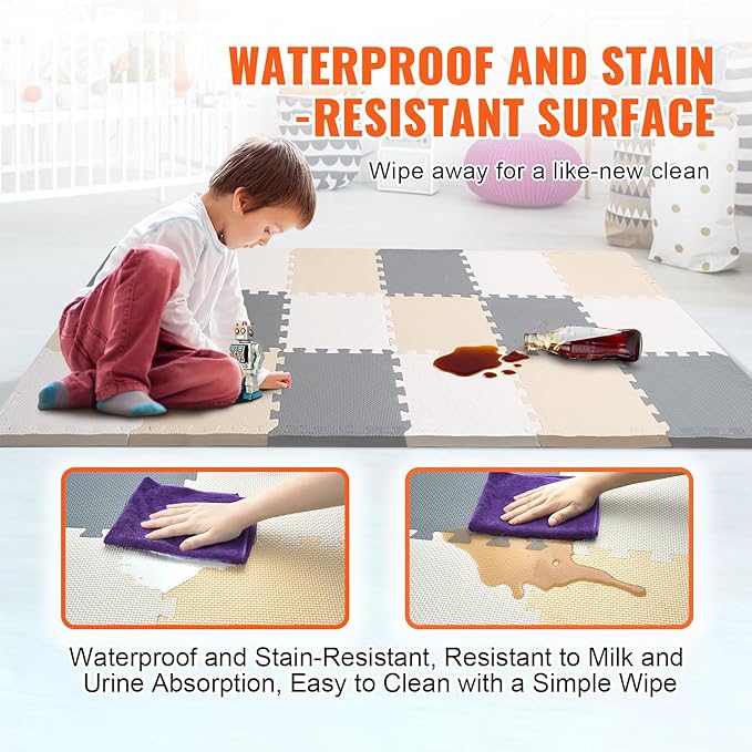VEVOR 16-Tile Kids Play Mat, 0.4" EVA Foam, 12" x 12" Puzzle Mat, Interlocking Mats for Play Room, Nursery, Living Room, Camel, Gray, Beige