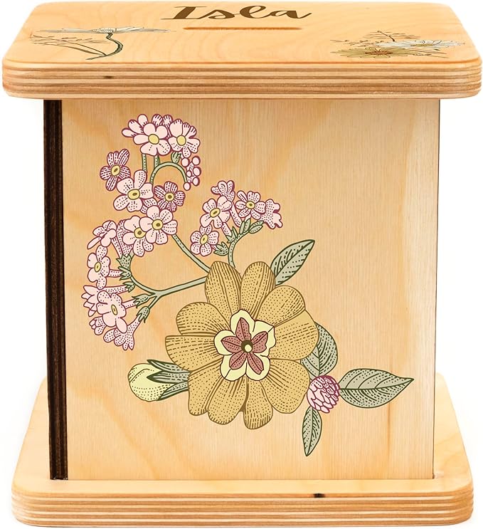 Wooden Piggy Bank for Kids and Adults, Personalized Gift Handmade in USA by BloomOwl, Custom Piggy Bank, Personalized Banks for Kids, Gifts for Baby Boys and Girls (Floral- Vintage)