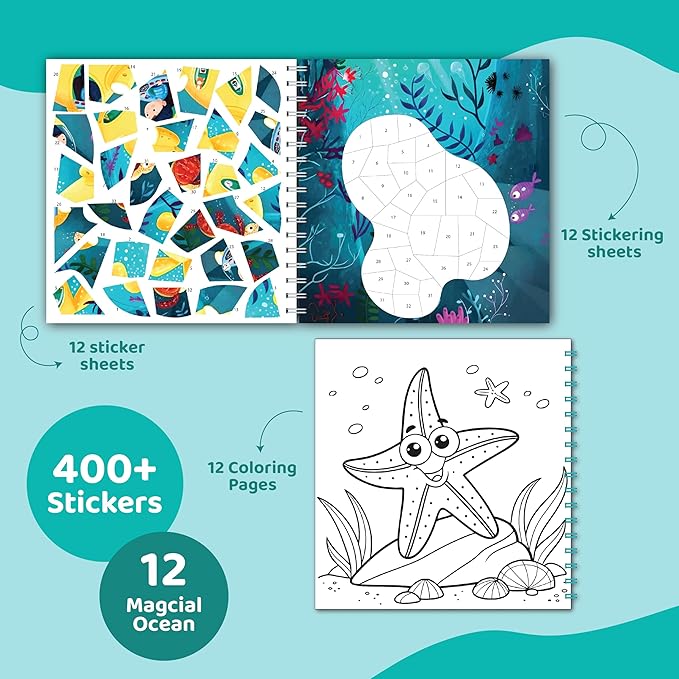 jackinthebox Sticker by Number Book Ocean Theme, 12 Scenes Puzzle Paint by Sticker Book + Colouring Pages, Gifts for Birthday, Party Favour Toys for Girls, Arts & Crafts for Kids Age 7 8 9 10