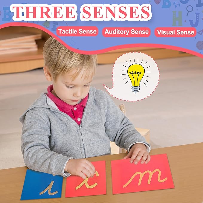 MONTESSORI OUTLET Woonden Sandpaper Letters Lower Case Cursive Toys for Early Childhood Kids Alphabet Educational Material