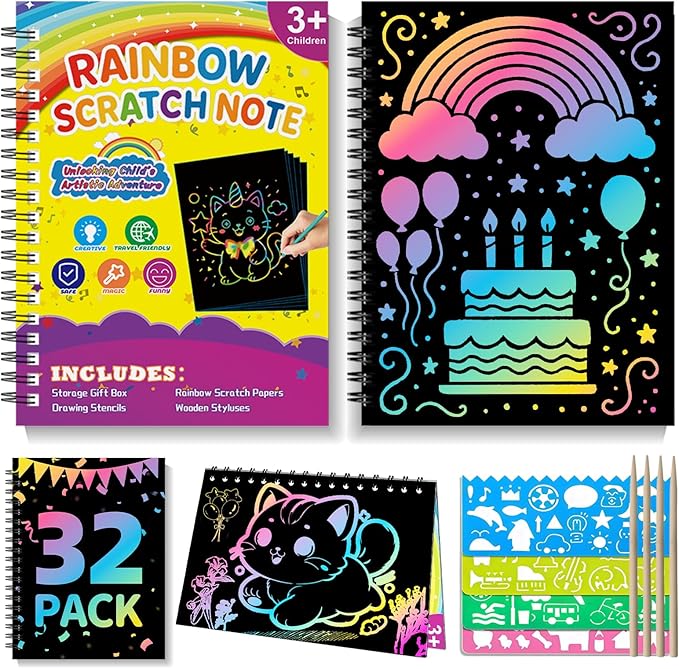 Scratch Art for Kids: 32 Pack Rainbow Scratch Paper Party Favors - Art Crafts Notebook Suitable for Birthday Gifts/School Crafts Kit/Classroom Prizes for Girls and Boys Aged 4-12