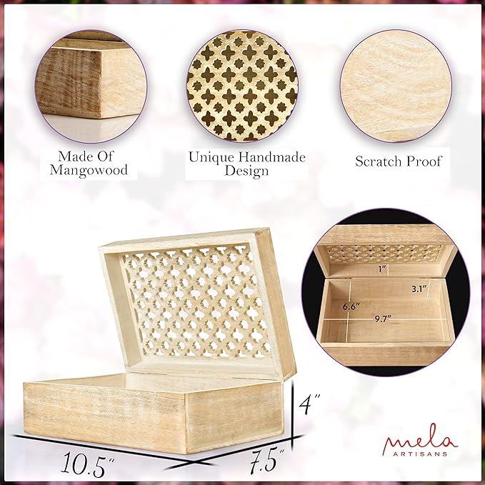 Mela Artisans Wooden Keepsake Box | Whitewash Mango Wood Memory & Photo Storage Box with Hinged Lid | Decorative Storage Box | Extra Large | 10.5x7.5x4 Inch