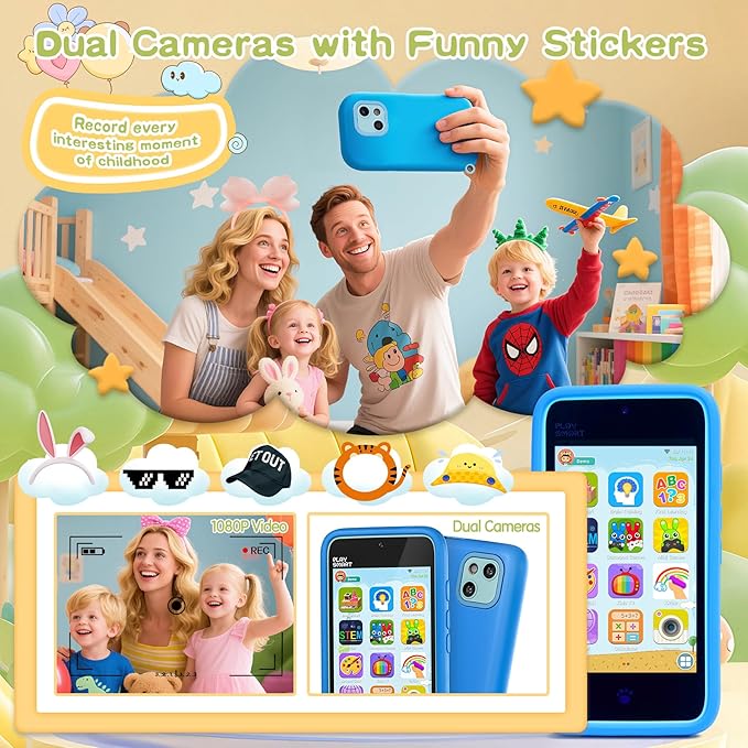 Kids Toy Phones with Dual Camera, Learning Toys Phones Gifts for Kid 3-12 with 200+ Educational Puzzle Games, 4" Touchscreen Rechargeable Blue Child Smartphones with Parental Control