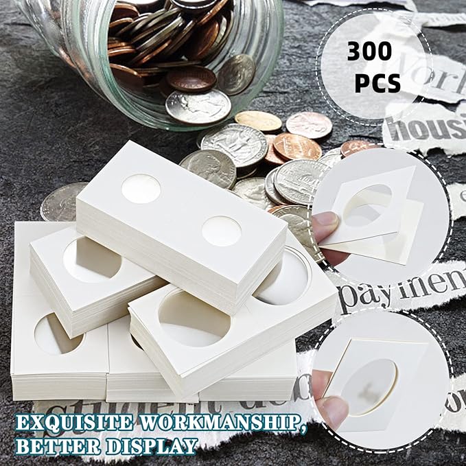 300 Pcs Cardboard Coin Holder, 6 Sizes 2" x 2" Currency Holders for Coin Collection Supplies