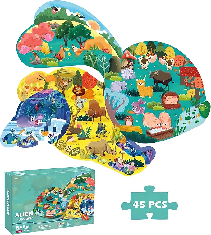 Floor Puzzles for Kids Ages 3-5, 4-6, Big Pieces Jumbo Puzzles Colorful Animal Shaped Puzzle Learning Educational Toys Games Gifts for Children(Rabbit-45 Pieces)