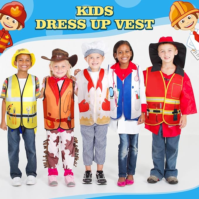Haysandy 20 PCS Kids Dress Up Vest Community Helper Costumes Kids Role Play Career Cosplay Clothes for Toddlers Pretend and Play Halloween Costume Doctor Police Fireman Construction, Birthday Gifts