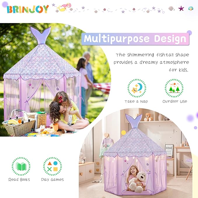 Princess Tent for Girls with Lights, Large Pretend Play Tent Castle w/Carry Bag & Stickers & Detachable Fishtail Top Indoor Outdoor, 67”x55” Ocean-Theme Kids Playhouse Gift for Toddler Age 3+
