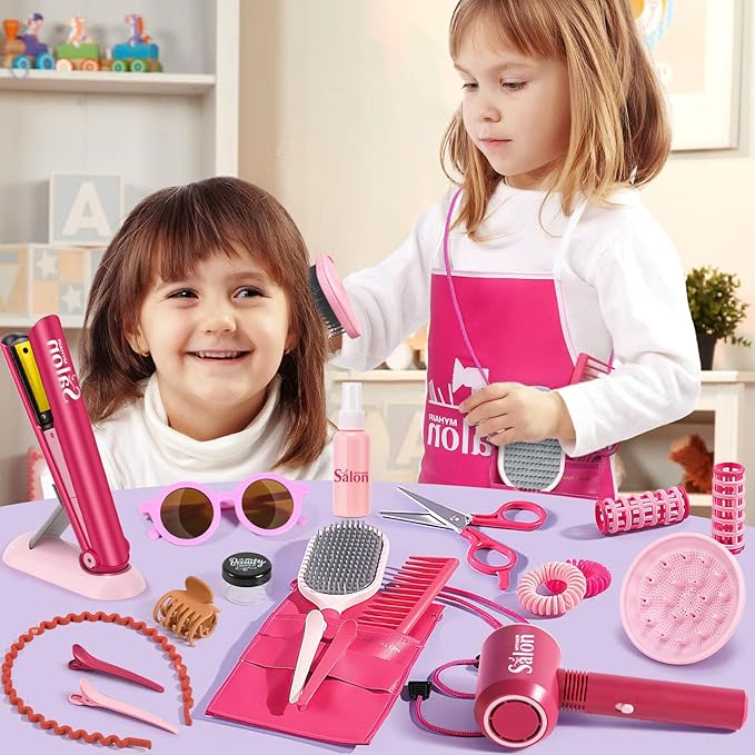 G.C Girls Hair Salon Toys Kids Pretend Play Hair Styling Kit with Realistic Blow Dryer Straightener Stylist Apron Scissors Accessories Beauty Makeup Set Birthday Gifts for Toddler Girls 3 4 5 6+