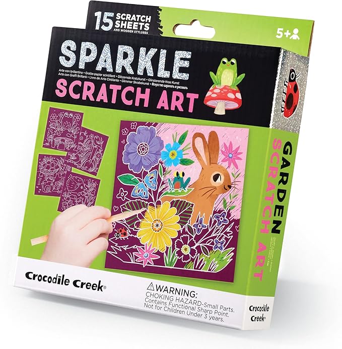 Crocodile Creek Garden Sparkle Scratch Art for Kids - 16-Sheet Scratch Art Set with 10 Themed Sheets, 5 Blank Sheets, Stencil, and Stylus - Thoughtful Stocking Stuffers, Gifts, Art Supplies for Kids