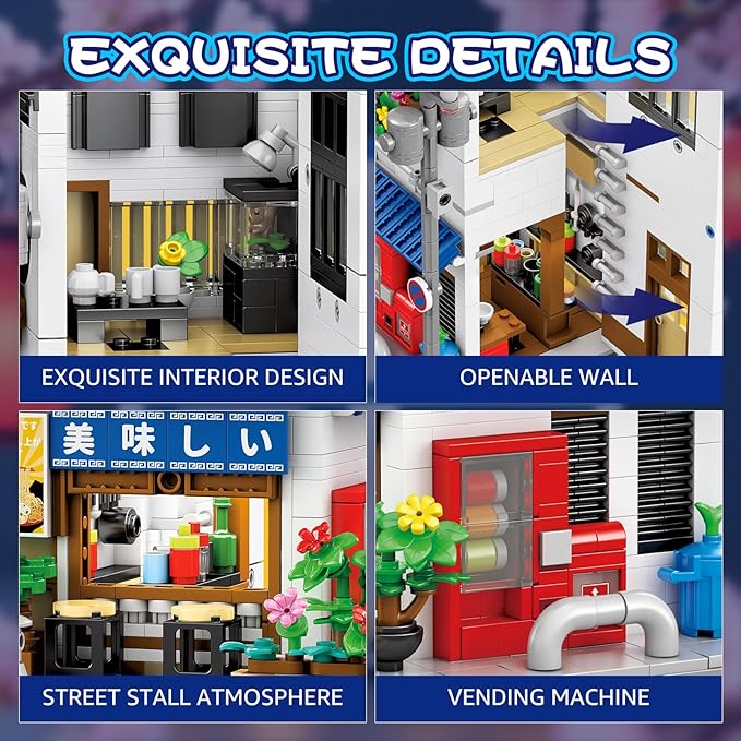 Reobrix Japanese Ramen Shop Building Blocks 66501, 2 in 1 Creative Street View House Building Kit with Light, Japanese Architecture Home Office Decor, Ideal Gifts for Boys Girls Adults 14+