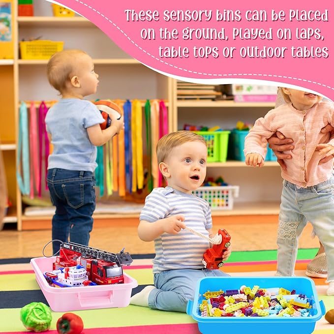 2 Pcs Sensory Bins Sand Tray with Lid, 15in Stackable Leak-Proof Plastic Sensory Tray for Sand & Water Play, Portable Bin for Kids 3 4 5 6, Easy Clean, Indoor Outdoor(Pink, Blue)