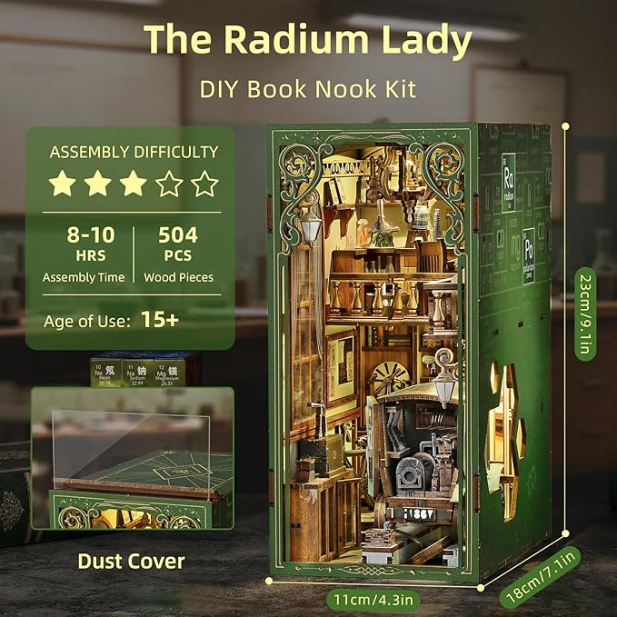 Book Nook Kit - 3D Wooden Puzzles for Adults, DIY Scene Miniature Kit, Tiny House Booknook Craft Bookshelf Decor Mini Scale Model, Gifts for Puzzle Lovers (The Radium Lady)