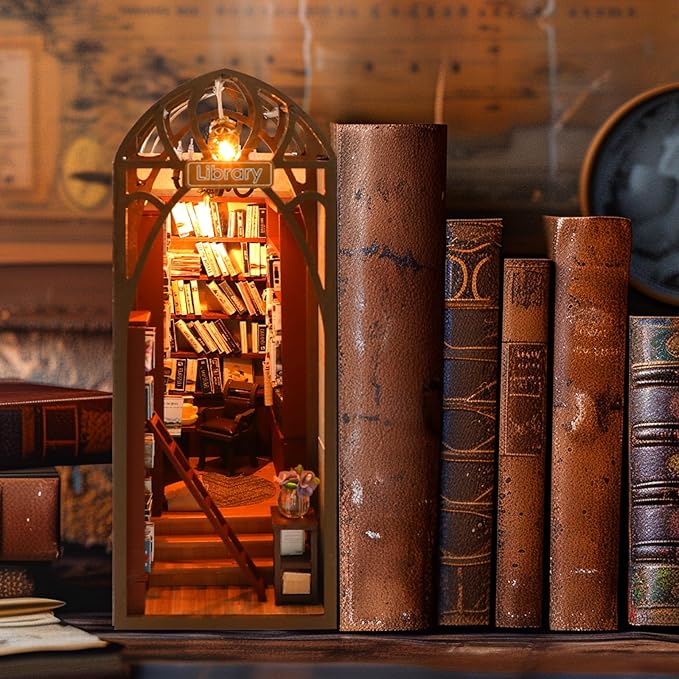 DIY Book Nook Miniature Kit, 3D Wooden Puzzles Bookend, Bookshelf Insert Decor, Assemb Build for Adults, Unique Gift for Birthday Father's Day, Library