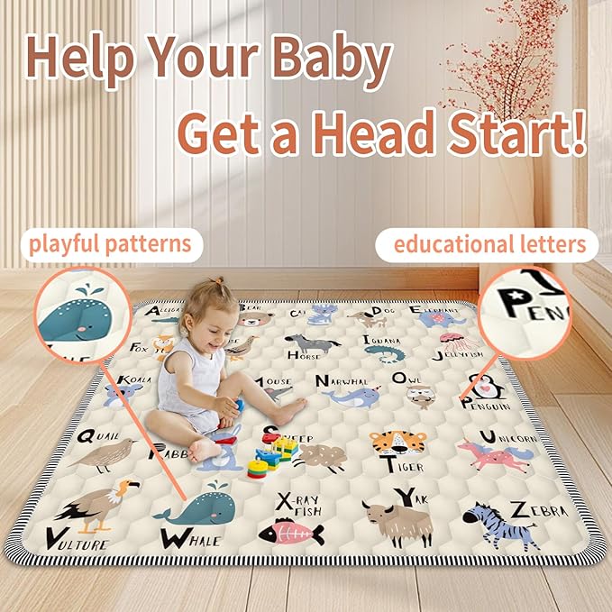 Baby Play Mat 59" X 71", Thickened Soft Floor, Waterproof and Non-Slip Crawling Play Pad, Machine Washable Foldable Crawling Mat for Floor Playpen