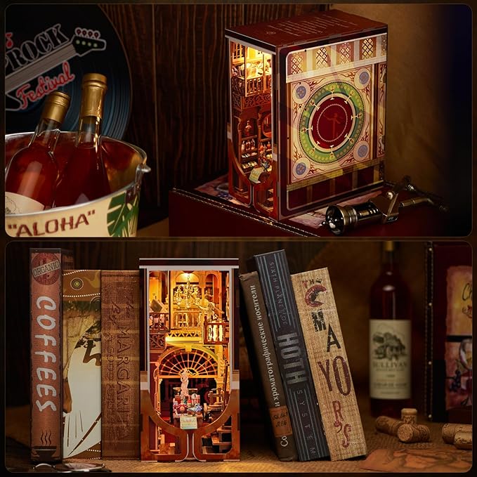 Book Nook Kit, DIY Miniature Dollhouse Booknook Kit, 3D Wooden Puzzle Bookend Bookshelf Insert Decor with LED Light for Teens and Adults (Roaring Twenties Speakeasy)