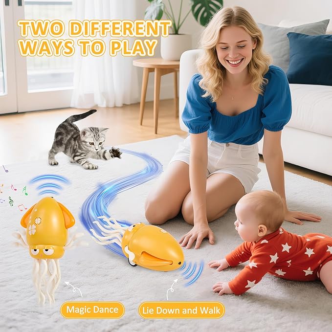Electric Dancing Octopus Toy with LED Lights and Music, Automatic Avoidance, USB Rechargeable Crawling Belly Time Toy, Suitable for Children 3 Years and Older Birthday Gift (Yellow)