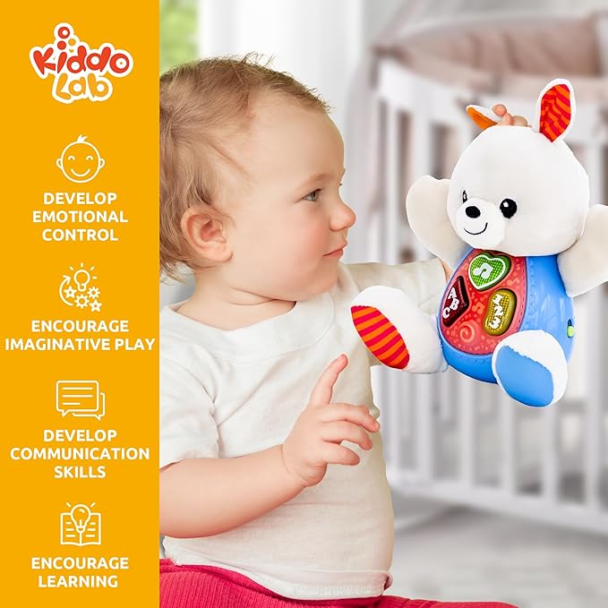 KiddoLab Bunny Plush Toy - Musical Stuffed Animal with 3 Light-Up Buttons, 8 Fun Nursery Rhymes & Sound Effects - Soft Basket Stuffer for Infants, Babies, and Toddlers Aged 3 Months +