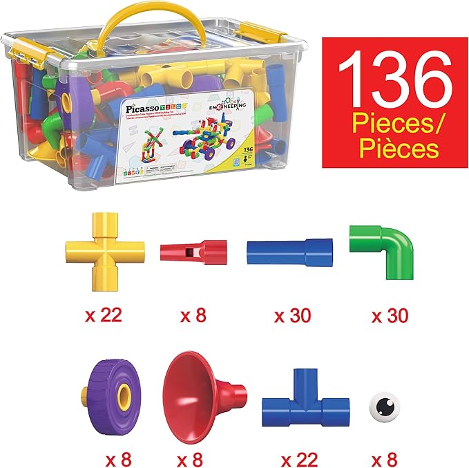 PicassoTiles PTT136 136pcs Tubular Pipes & Spout STEAM Interlocking Educational Building Block Set, Tube Locks, Pipeworks Construction Blocks w/Storage Container Box, Idea Book, Flute Musical Kit
