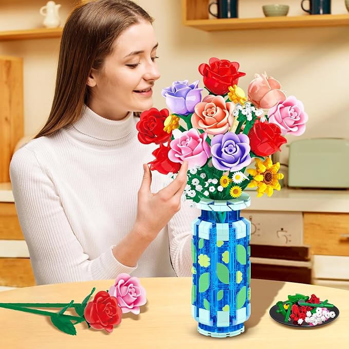 Roses Flowers Building Set with Vase & LED Light, Mother's Day 16 Mini Flowers Bouquet Botanical Building Blocks Toy, Birthday Gifts for Adults, Artificial Flowers for Home Decor & Display