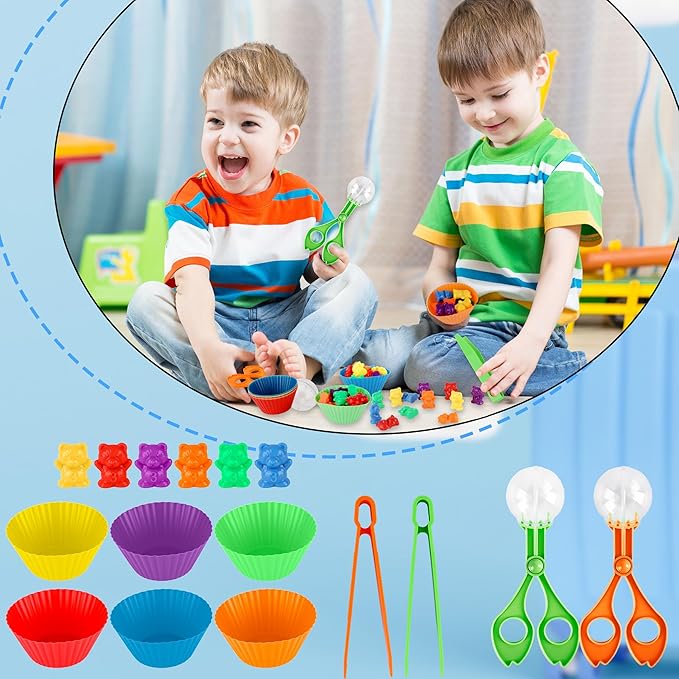 120 Pieces Fine Motor Toy Counting Sorting Counting Sorting Bears Includes 96 Cute Rainbow Sorting Bears 8 Tweezers 4 Scissors Clips and 12 Colorful Cups for Kid Early Skill Education