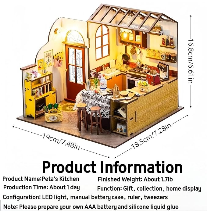 DIY Miniature House Kit, Tiny House Kit with LED, DIY Miniature Kit for Adults Teen, Wooden Dollhouse Kit, Home Decor, Kitchen