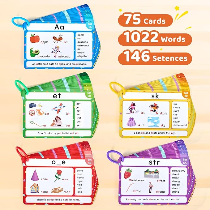 JoyCat 75 Pack Phonics Flash Cards-Learn to Read Alphabet and CVC Words in 25 Stages-Games for Kids Ages 3-8 Preschool Kindergarten 1st 2nd Grade Homeschool Educational Learning Activities
