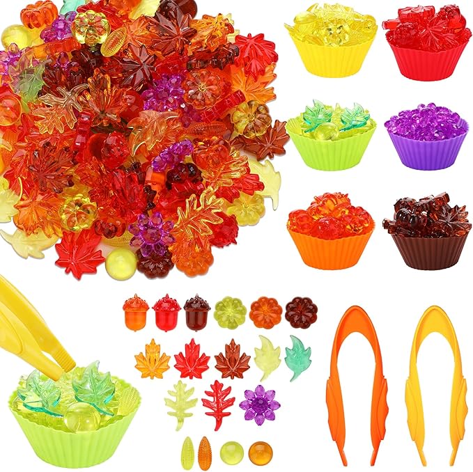 Hotop 214 Pcs Fall Sensory Bin Items Fall Counting Sorting Decoration Fine Motor Toy Thanksgiving Sensory Bin Fillers with 200 Acrylic Leaves 2 Tweezers 12 Sorting Bowls for Boys Girls Early Education