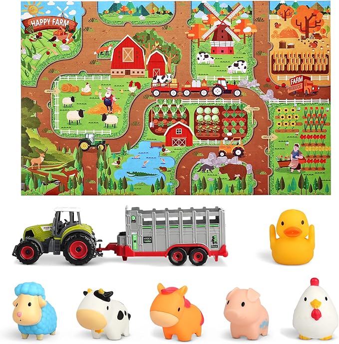 Oriate Farm Tractor Carrier with Cartoon Farm Animals and Playmat, 6 Pack Bath Squirter Silicone Rubber Farm Animal Toys, 47.2” x 31.5” Happy Farm Play mat, Birthday Gifts for Kids