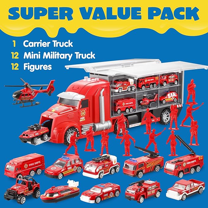 JOYIN 25 in 1 Fire Truck Vehicle Toy Set with Sounds and Lights, Fire Engine Vehicles in Carrier Truck, Mini Rescue Emergency Car Toy, Christmas Birthday Gifts for Over 3 Years Old Boys