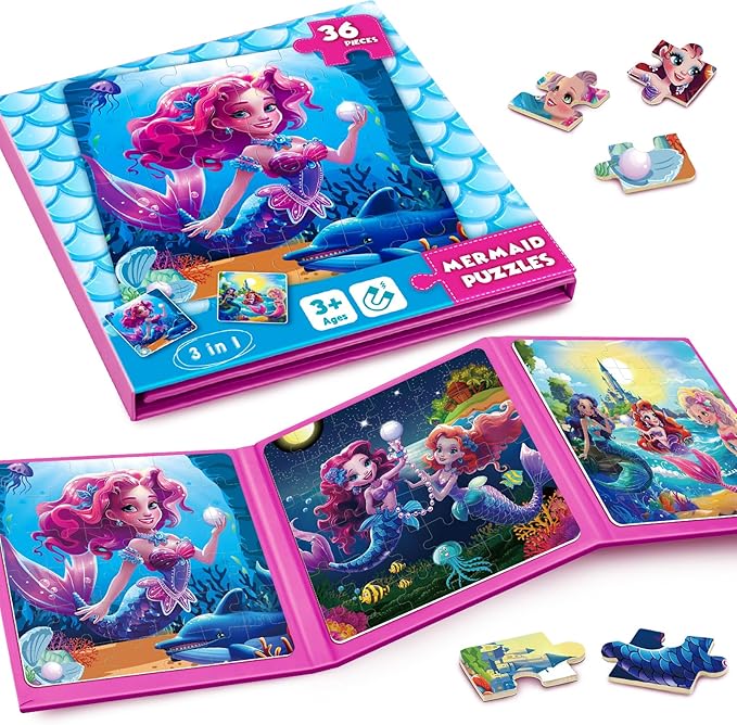 Magnetic Jigsaw Puzzles for Toddlers Kids 3-8 Girls,(3 36-Pieces) Travel Puzzles Toys for Kids Ages 4-6,Take-Along Car Airplane Road Trip Activities Game for 3 4 5 6 7 8 Year Old Birthday Gift,Mermaid