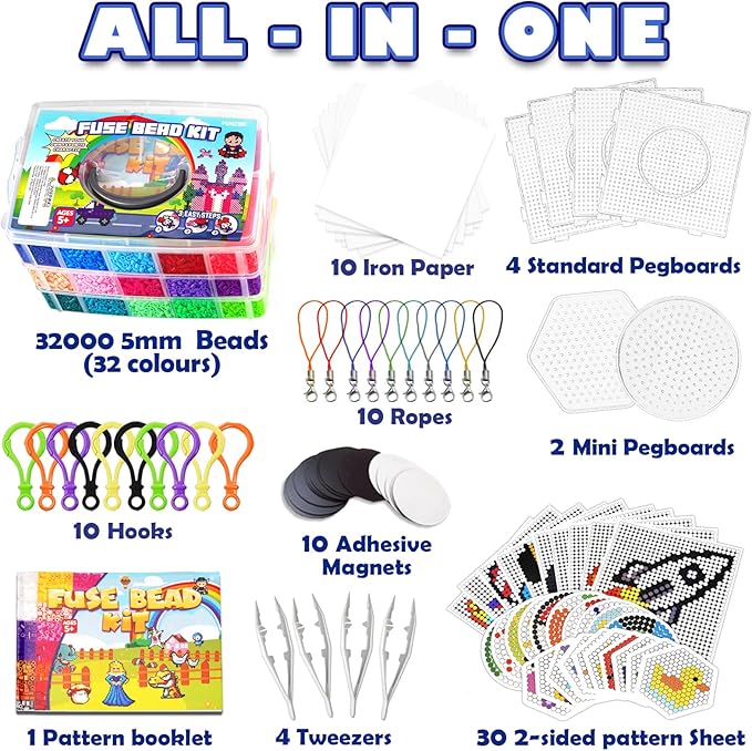 FUNZBO 32000 5mm Fuse Beads Kit - 32 Colors, Homeschool Arts and Crafts Supplies for Kids, Toys Set, Art Decorations for Room, Gifts for Girls and Boys Age 5+