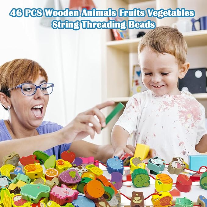 46 PCS Wooden Lacing Beads,Animals Fruits Threading Toys for Toddlers,Preschool Learning Lacing Toys,Montessori Educational Stringing Threading Beads Toys for Kids 3 4 5 6 Year Old Boys Girls