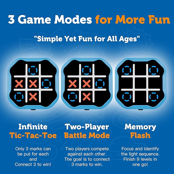 3-in-1 Electronic Tic Tac Toe Game, Handheld Travel Toy with Silent Mode, Fun for Kids and Adults, Blue