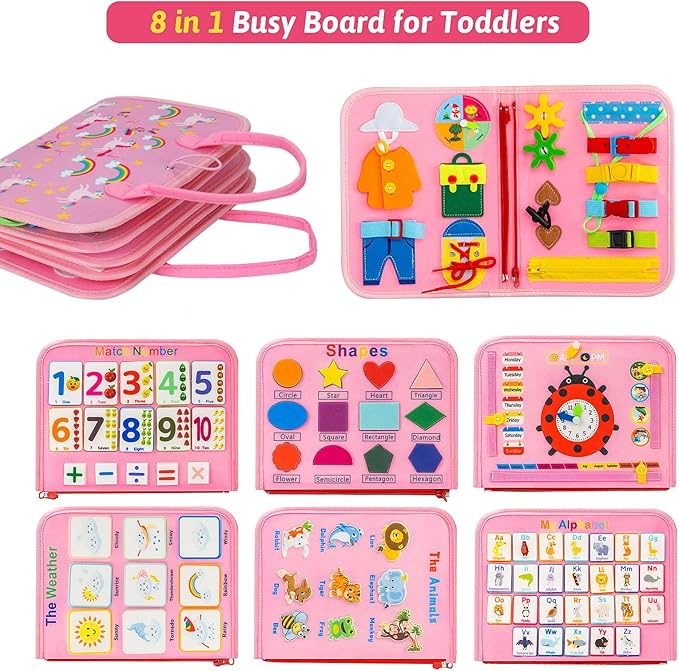 AIXMEET Toddler Busy Board Montessori Toys, Sensory Board Busy Book, Toys for Toddlers 3456 Year Old, Preschool Learning Activities with Life, Shape,Color,Animal,Weather,8 Pages (Pink)