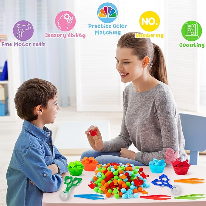EZdhuawuse Summer Sea Animal Sensory Bin Fillers - 295Pcs Ocean Animal Fine Motor Toys Color Counting Sorting Set for Kids, Felt Octopus Crab Turtle Pom Poms Cup Clip for Preschool Education Training