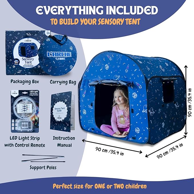 L’ARCHE Sensory Tent for Kids with LED Lights & Remote Blackout Pop-Up Calm Down for Autism, ADHD & SPD Indoor Sensory Room & Play Tent Foldable & Portable (Space Theme, Regular 35.4 in)