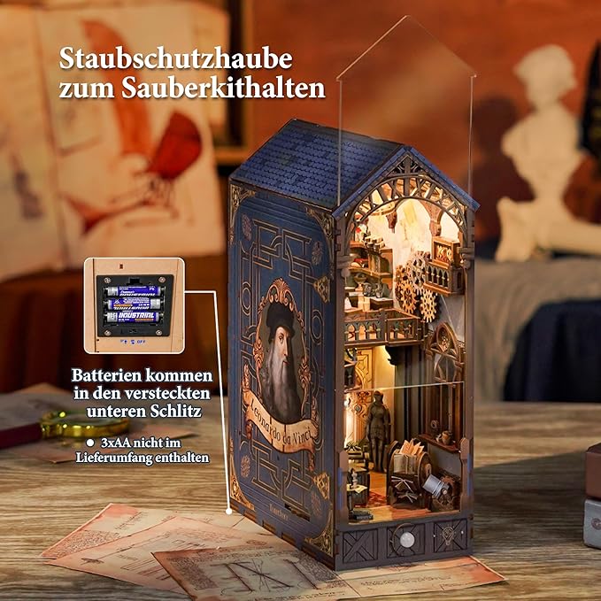 Tonecheer DIY Book Nook Kit for Adults, 3D Puzzle Wooden Miniature House Kit, Booknook Dollhouse Bookshelf Insert Decor Bookend with Dust Cover and LED Lights Gifts (Leonardo da Vinci)