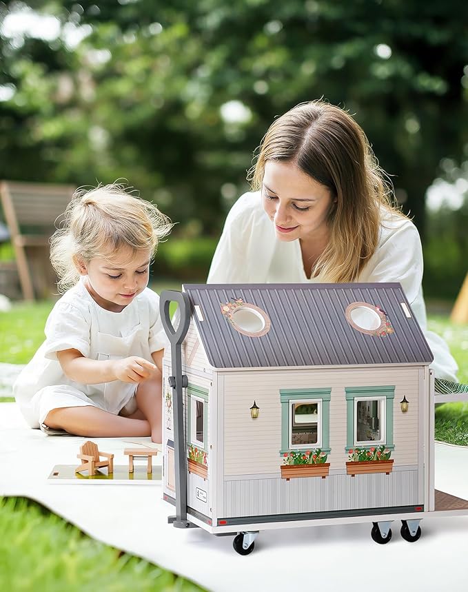 ROBOTIME Doll House, Wooden Dollhouse with Wheels for Girls, Pretend Play RV Set Dollhouse Moveable with 10+Pcs Furniture Accessories, Gift for Kids Ages 3+