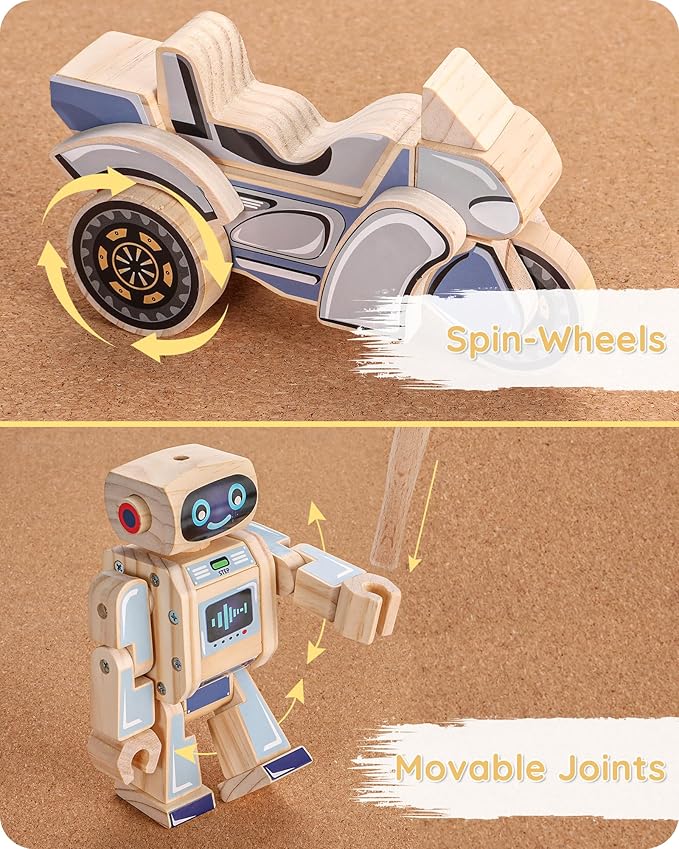 SainSmart Jr. 4-in-1 STEM Kits, Wooden Robot Assembly Toy Set, Woodworking Crafts Projects for Kids, Gift for Boys and Girls