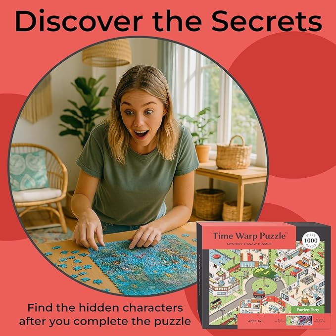 Time Warp Puzzle Mystery Jigsaw Puzzle 1000 Pieces for Adults Day Night Series - A Challenging, Difficult, Picture Changing Puzzle to Solve 26.625 x 19.25 in (Purrfect Party)