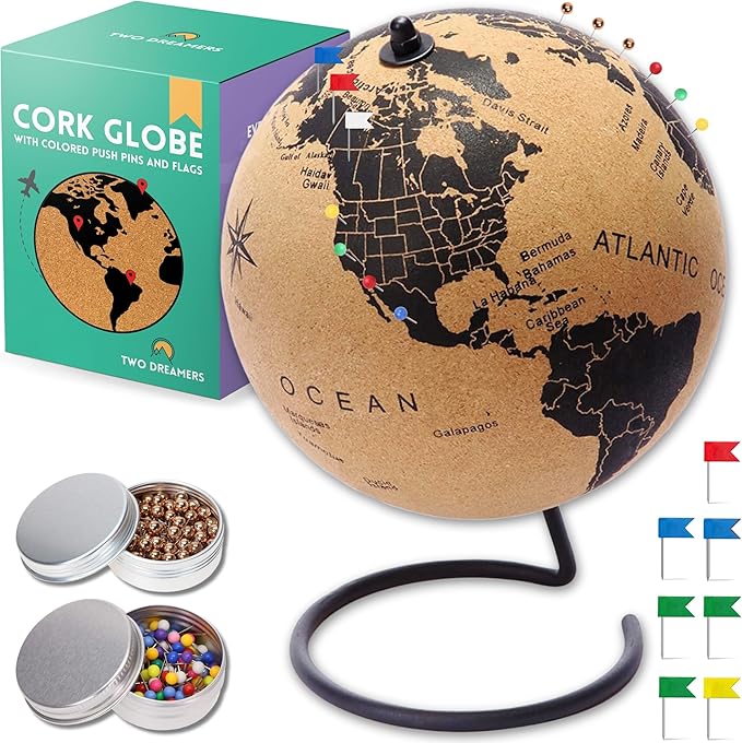 Mini Cork Globe 7.5" Tall | World Travel Map with Metallic & Colored Push Pins | 3D World Map Pin Board for Home or Office | Unique Gift for Travelers, Couples & Families Push Pins Map