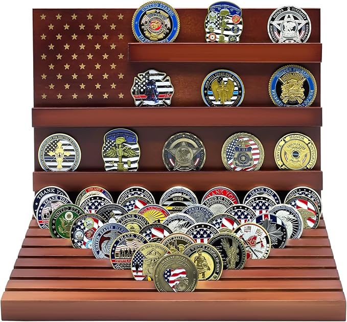 PiaoHao Challenge Coin Display Stand Military Coin Holder Wooden Rack Holds 80 Coins (Red)