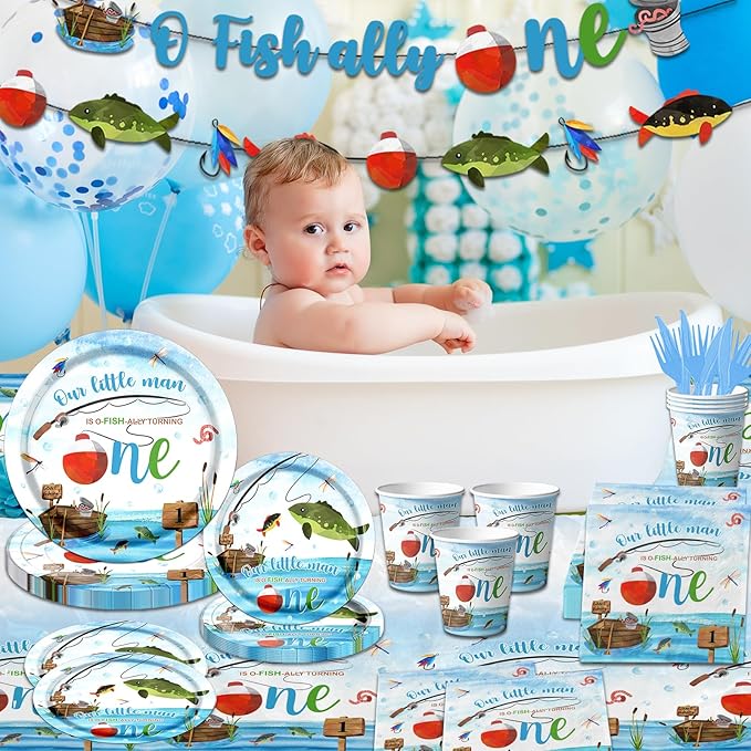 Ofishally One Birthday Decorations,142Pcs Gone Fishing 1st Birthday Party Supplies Our Little Man Is Ofishally Turning Plates Napkins Cups Tablecloth for O Fishally One First birthday Party Supplies