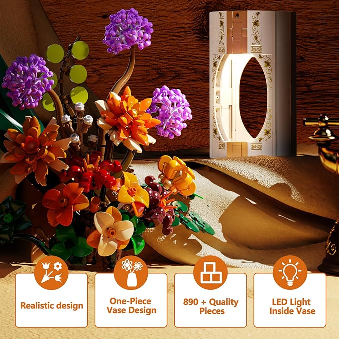 Flower Bouquet Building Set for Adults, 890 PCS Botanical Collection-Inspired Brick Floral Gift with Vase, Flower Vase Display Set for Home Decor