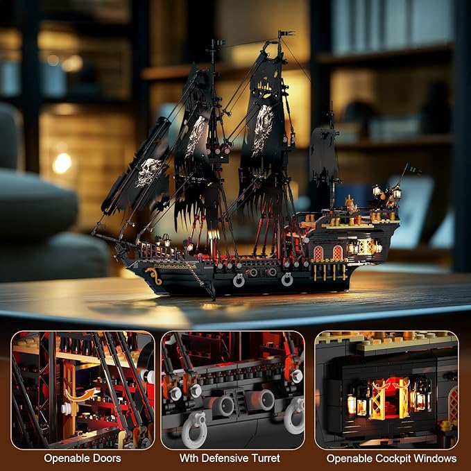 NUTCRACKER Pirate Ship Building Set with LED Light, Black Pearl Ship Toy Building Set, Sailboat Model Home Decor, Easter Christmas Birthday Gift for Adults（1713 Pieces）