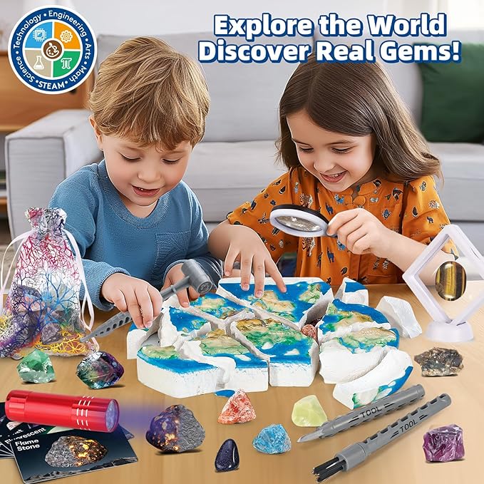 World Map Dig Kit - Gem Rocks Excavation Kit, Gemstone for Kids, Fossil Rock Toys Dig Kits for Collection, World Map Toys for Boys Girls 6 and up Year Old Birthday Gifts