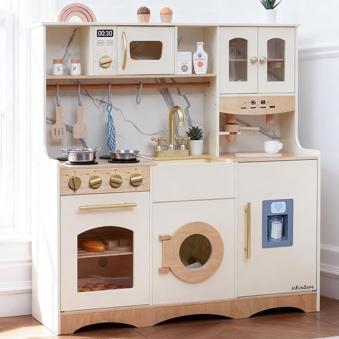 Wooden Play Kitchen for Kids and Toddlers with Realistic ICE Maker & Sounds,Toy Kitchen Set with 20 Accessories, Interactive Learning Toy for Pretend Play, Gift for Girls & Boys(Ages 3+)
