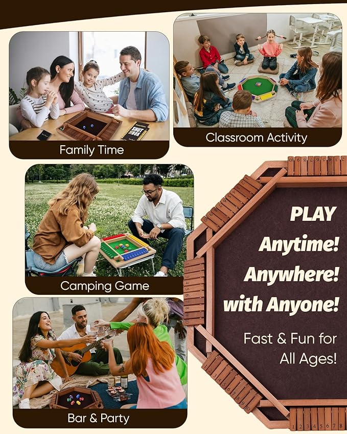 Deluxe 2-8 Player Original Shut The Box Game, Math Dice Board Game for Family Night Classroom Travel, Wooden Classic Table for Group Kid Adult Senior Travel Party Bar Easy Quick and Fun